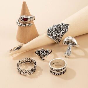 *CATALEYA* 7-Pc Silver x Red Retro Mushroom Fashion Ring Set